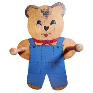 Vintage Handmade Wooden Blue & Red Teddy Bear 2 Hook Wall Coat Rack 13.5"X9.25"